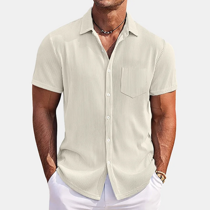 QDBAR Daily Leisure Mens Ribbed Shirt 2024 Summer Fashion Solid Color Striped Textured Shirts Beach Casual Short Sleeve Men Cardigans