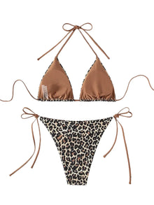 2024 Sexy Leopard Print Bikini Set - Triangle Bra Halter Backless Swimsuit with Lace-Up Details for Beach Vacations