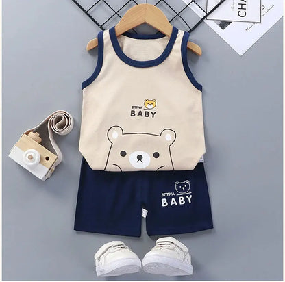 NoEnName_Null Unisex Baby Cartoon Print Pullover Shorts Set for Toddlers (Ages 1-3Y)