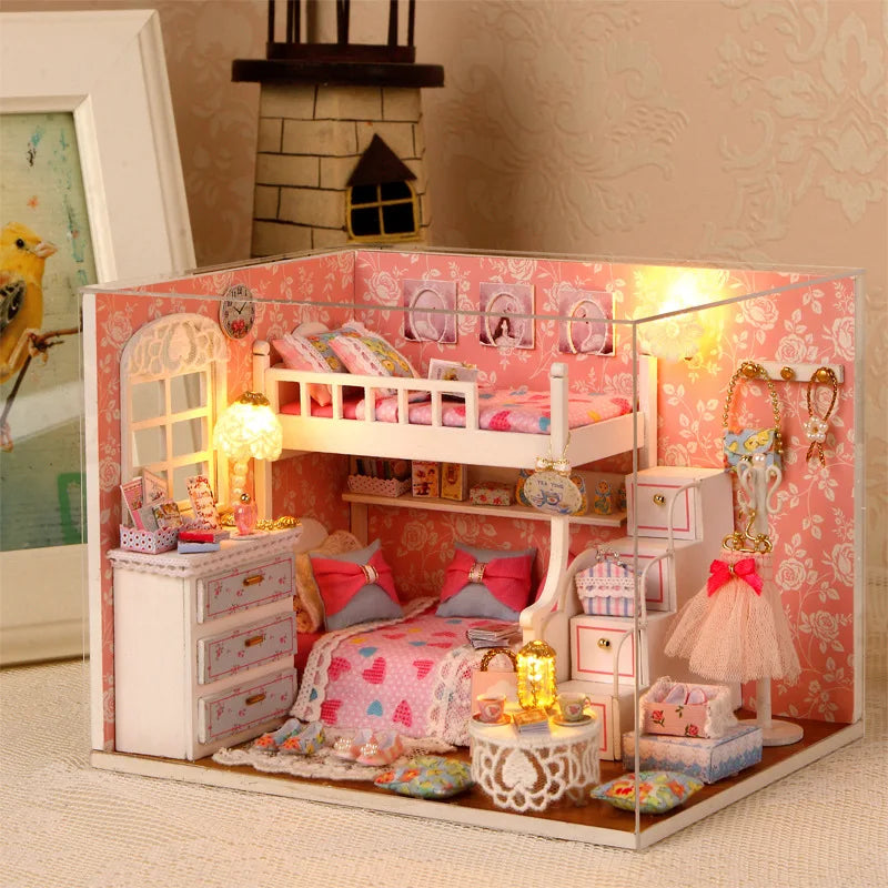 Dollhouse Miniature DIY Wooden Dollhouse Kit with Furniture with LED Light Music Sweet Time
