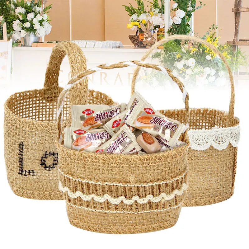 Wedding Lace Burlap Flower Basket Linen Candy Storage Bag Wedding Party Baby Shower Favour Gift Bag