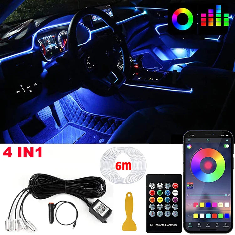 RGB LED Fiber Optic Ambient Strip Lights with App Control for Cars