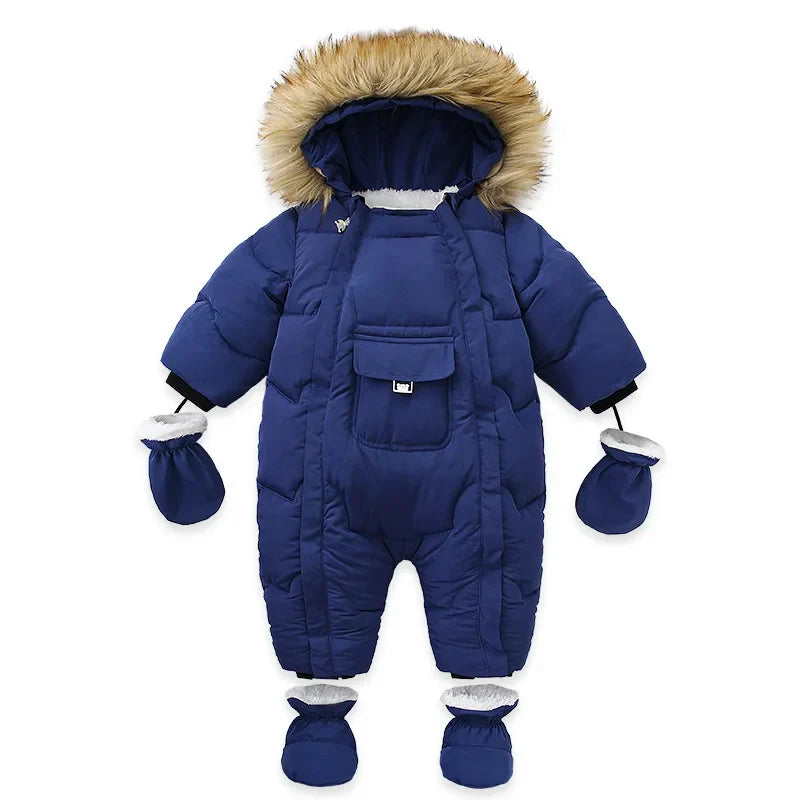 Winter Baby Down Jumpsuit – Wool Hooded, Snowproof & Warm