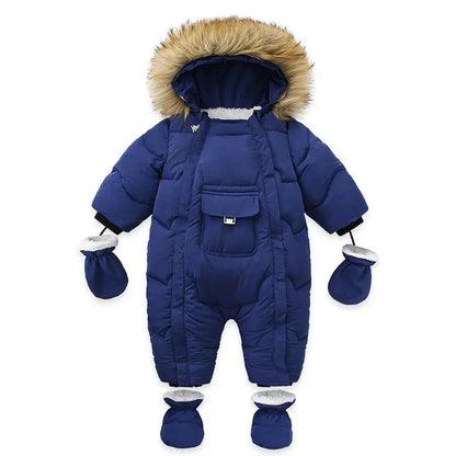 Winter Baby Down Jumpsuit – Wool Hooded, Snowproof & Warm