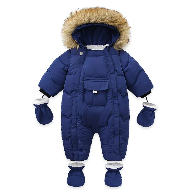 Winter Baby Down Jumpsuit – Wool Hooded, Snowproof & Warm