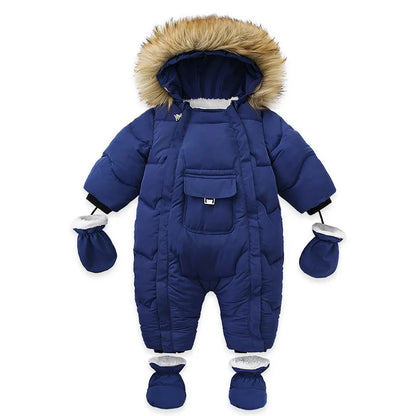Winter Baby Down Jumpsuit – Wool Hooded, Snowproof & Warm