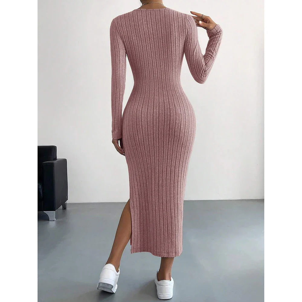 French Scoop Neck Long Sleeve Autumn Maxi Dress