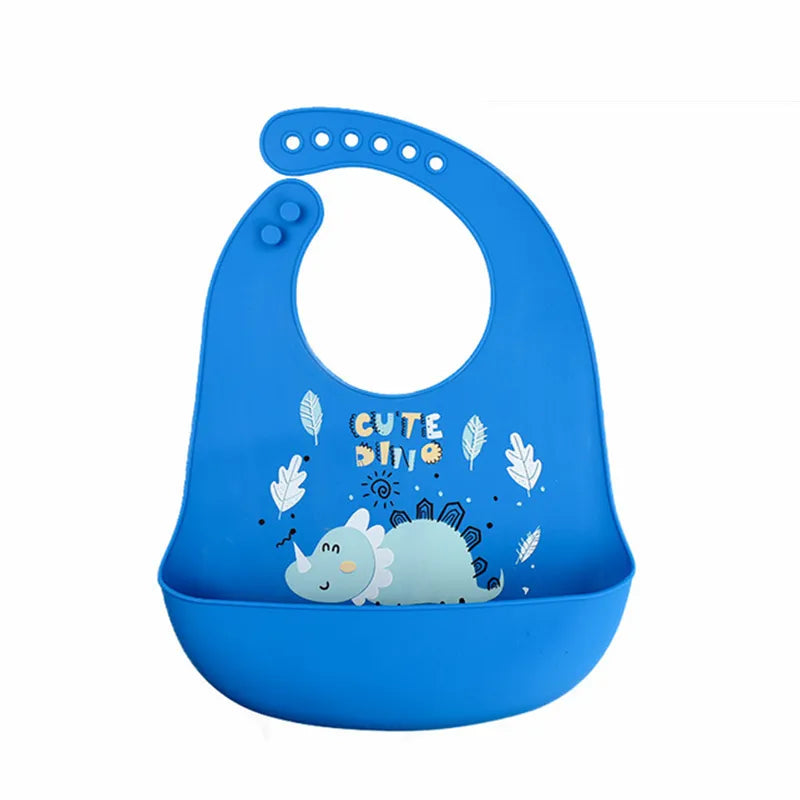 Waterproof Baby Bibs with Adorable Cartoon Dinosaur Print – Adjustable, Soft Silicone Material for Mess-Free Toddler Feeding