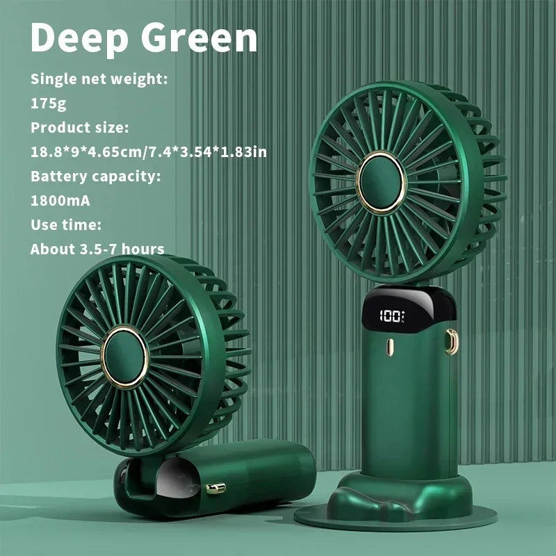 USB Handheld Mini Fan - Foldable, Portable, Neck Hanging, 5-Speed Rechargeable Fan with Phone Stand & Display Screen