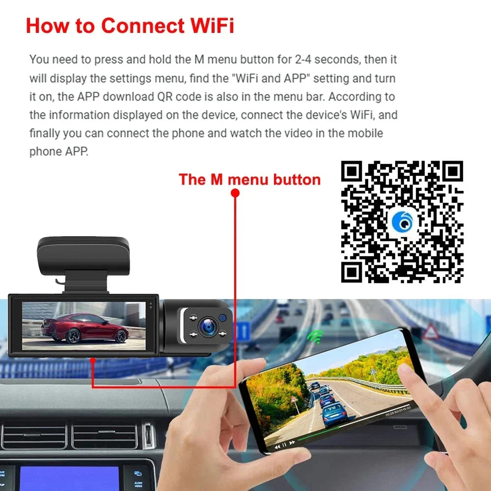 New  Wide Angle 1080P WIFI APP Control Dual Camera Dash Cam (Front & Inside) With IR Night Vision Loop Recording