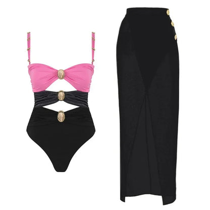 One Piece Bathing Suit for Women with Bikini Maxi Wrap Skirt 2Pcs Floral Print Swimsuit High Waist Tummy Control Beach Suits