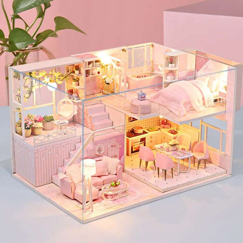 Wooden Miniature Doll House DIY Duplex Apartment Production 3D Puzzle Assembly Building Toy Decoration with Furniture Dollhouse