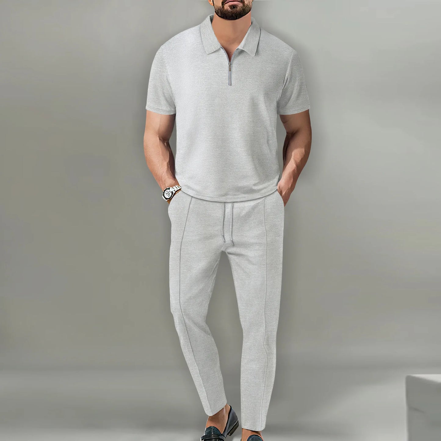 Men's Casual POLO Shirt 2 Set Breathable Pant pull rope Fashion Dress