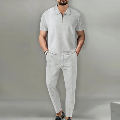 Men's Casual POLO Shirt 2 Set Breathable Pant pull rope Fashion Dress