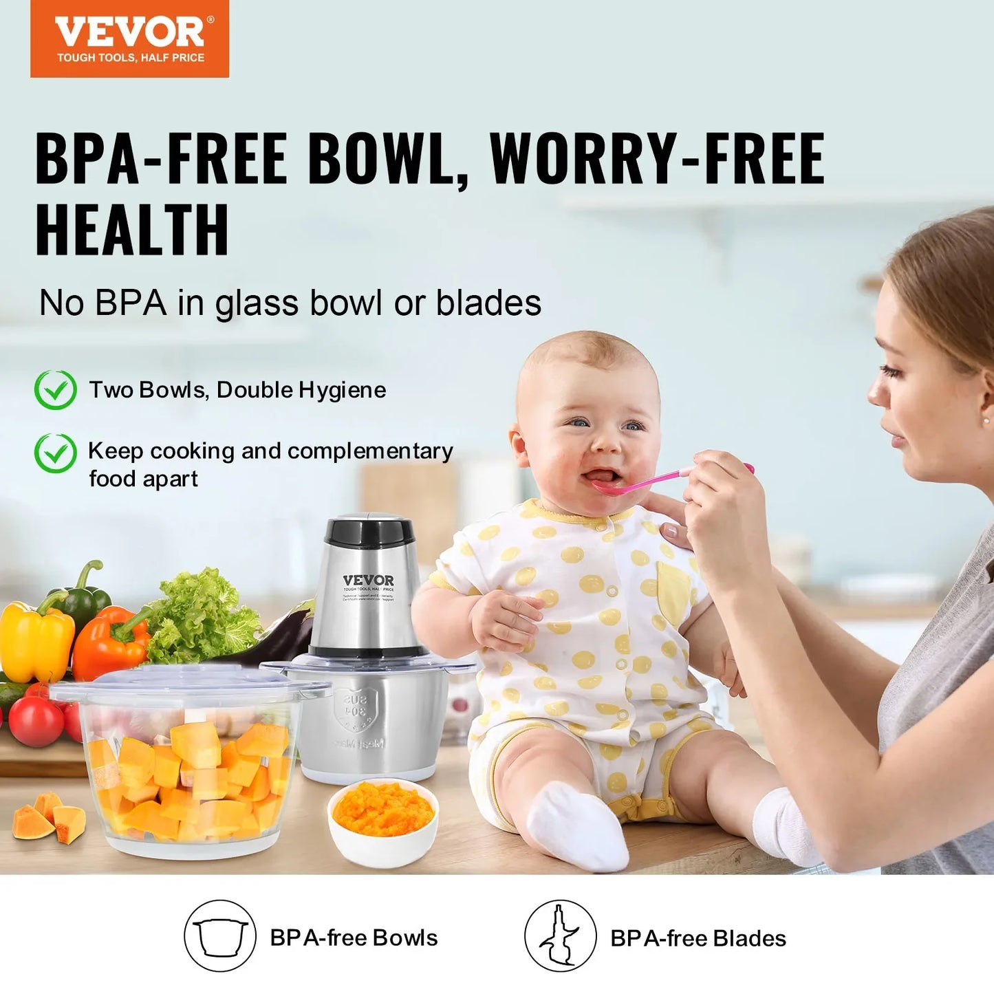 VEVOR Food Processor Electric Meat Grinder with 4Wing Stainless Steel Blades 8+5