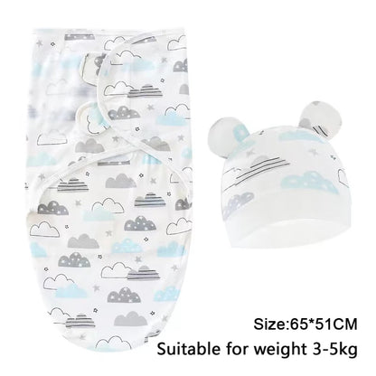 Newborn Cotton Baby Swaddle Wrap Adjustable Sleepsack Hat Set