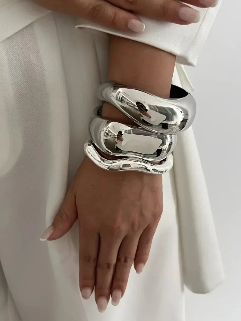 Punk Gold & Silver Geometric Wide Cuff Bangles for Women & Men