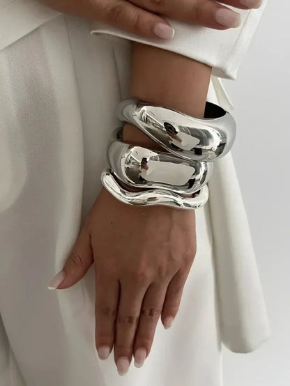Punk Gold & Silver Geometric Wide Cuff Bangles for Women & Men