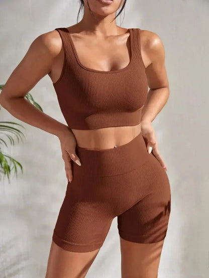 Seamless Ribbed Workout Sets for Women 2 Pieces Gym Suits Ribbed Crop Tank High Waist Shorts Outfits Fitness Running