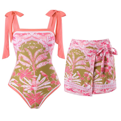One Piece Bathing Suit for Women with Bikini Maxi Wrap Skirt 2Pcs Floral Print Swimsuit High Waist Tummy Control Beach Suits