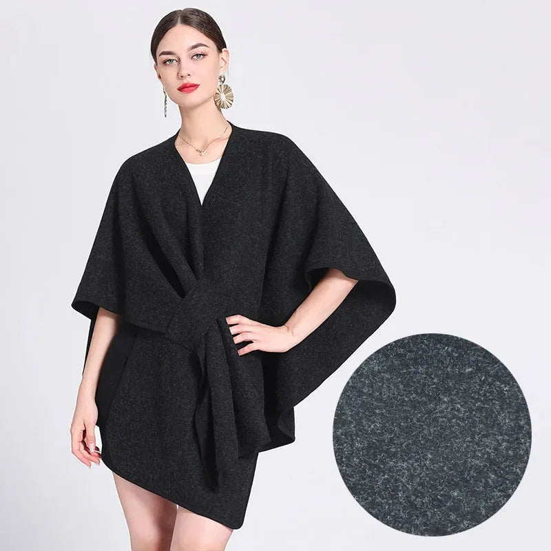 Casual Wool Blend Poncho Coat in Solid Color for Women