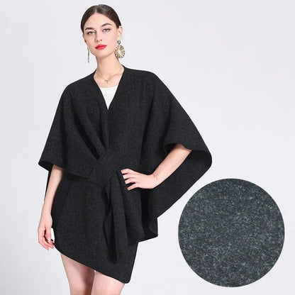 Casual Wool Blend Poncho Coat in Solid Color for Women