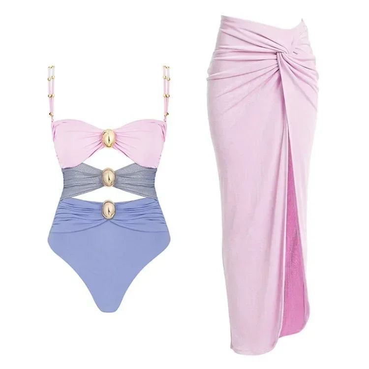 One Piece Bathing Suit for Women with Bikini Maxi Wrap Skirt 2Pcs Floral Print Swimsuit High Waist Tummy Control Beach Suits