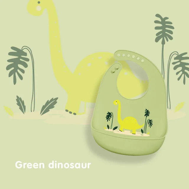Waterproof Baby Bibs with Adorable Cartoon Dinosaur Print – Adjustable, Soft Silicone Material for Mess-Free Toddler Feeding