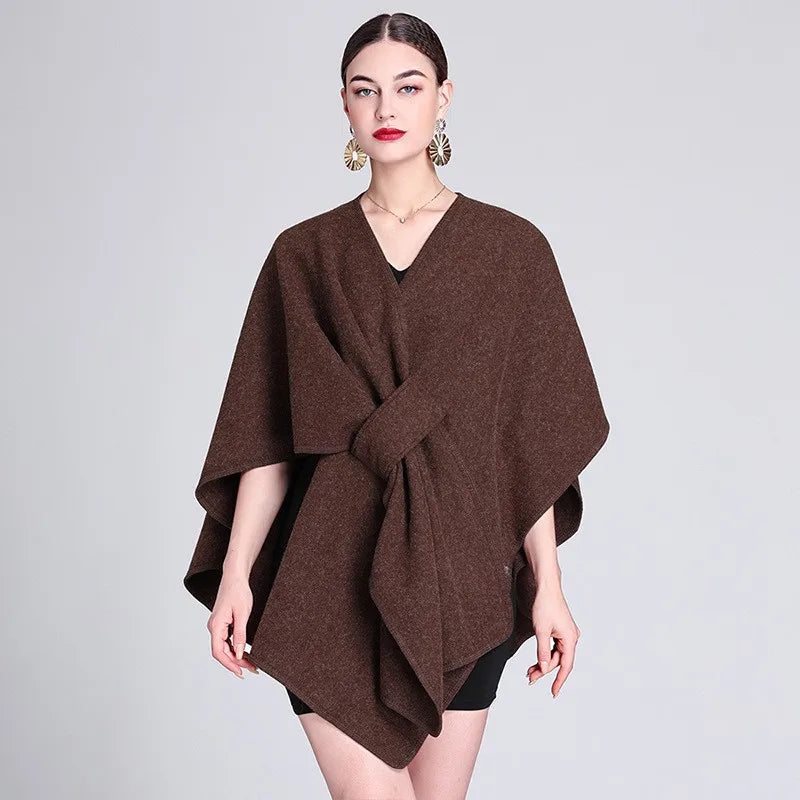Casual Wool Blend Poncho Coat in Solid Color for Women
