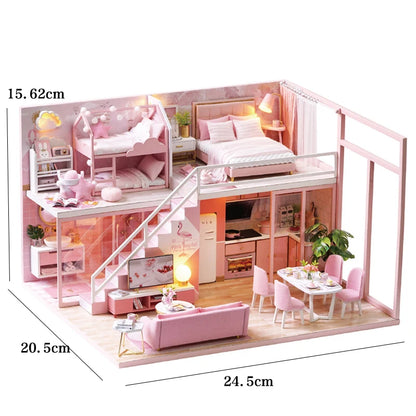 Wooden Miniature Doll House DIY Duplex Apartment Production 3D Puzzle Assembly Building Toy Decoration with Furniture Dollhouse