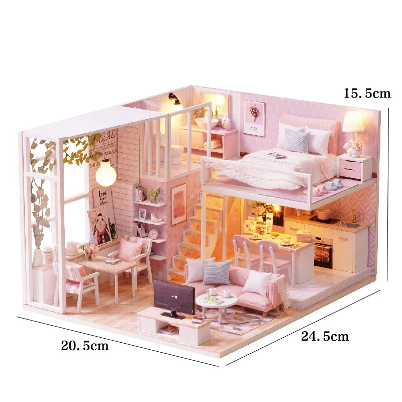 Wooden Miniature Doll House DIY Duplex Apartment Production 3D Puzzle Assembly Building Toy Decoration with Furniture Dollhouse