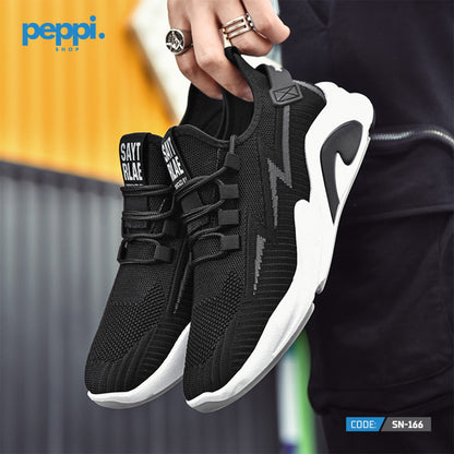 SN-166 - Black Mesh Breathable Fabric & Comfortable Sole Sports & running Shoes For Men