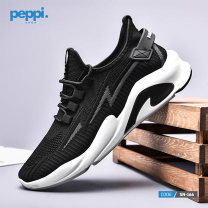 SN-166 - Black Mesh Breathable Fabric & Comfortable Sole Sports & running Shoes For Men