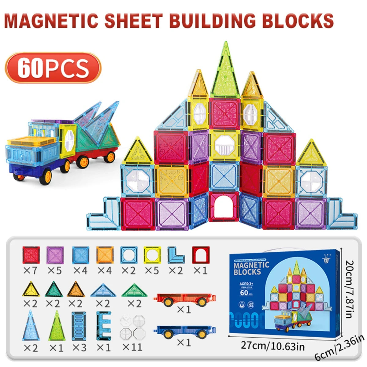 Magnetic Tiles 120Pcs Building Blocks Set with Cars for Kids