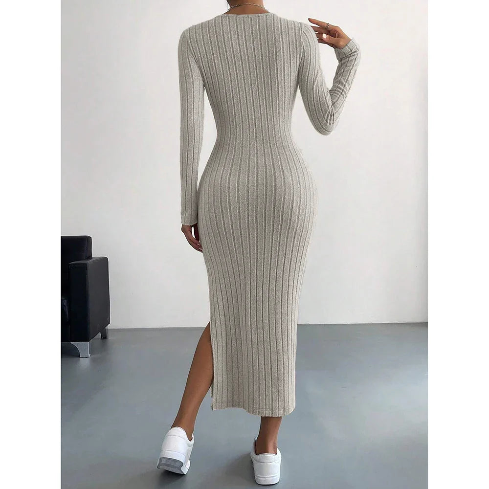 French Scoop Neck Long Sleeve Autumn Maxi Dress