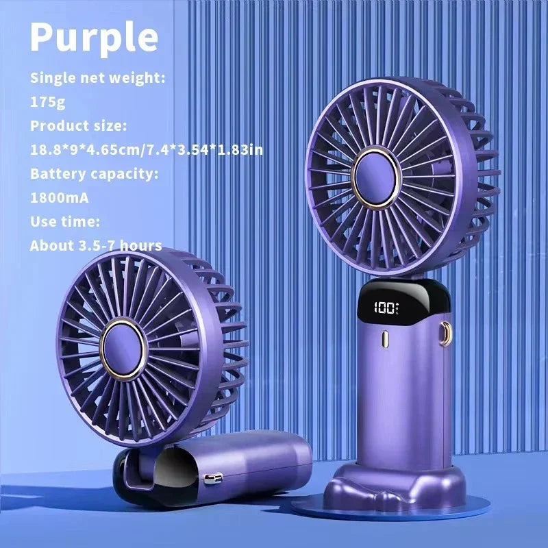 USB Handheld Mini Fan - Foldable, Portable, Neck Hanging, 5-Speed Rechargeable Fan with Phone Stand & Display Screen