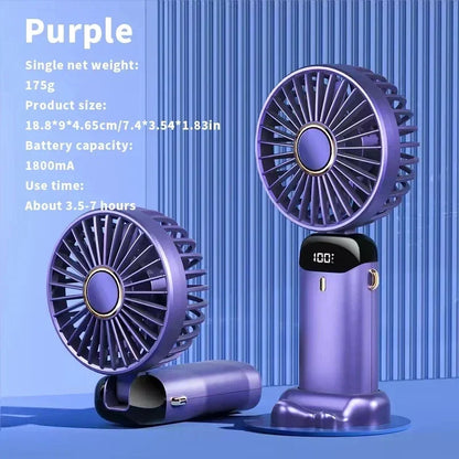 USB Handheld Mini Fan - Foldable, Portable, Neck Hanging, 5-Speed Rechargeable Fan with Phone Stand & Display Screen
