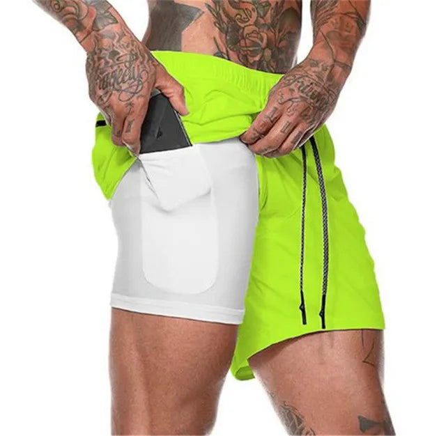 Gyms Fitness Shorts Men Summer Sportswear 2 In 1 Double-deck Compression Shorts Male Tracksuits Track Joggers Short Pants