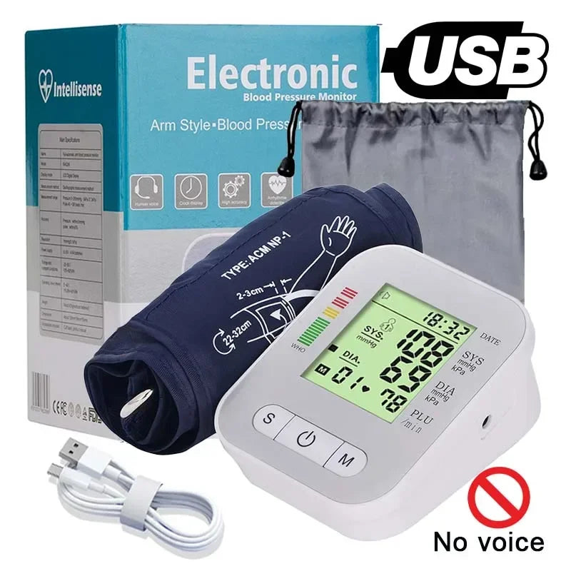 BP Sphygmomanometer English Voice Blood Pressure Monitor Upper Arm Automatic Tonometer Blood Pressure Meter LCD & Cuff Medical