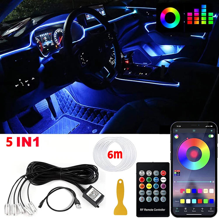 RGB LED Fiber Optic Ambient Strip Lights with App Control for Cars
