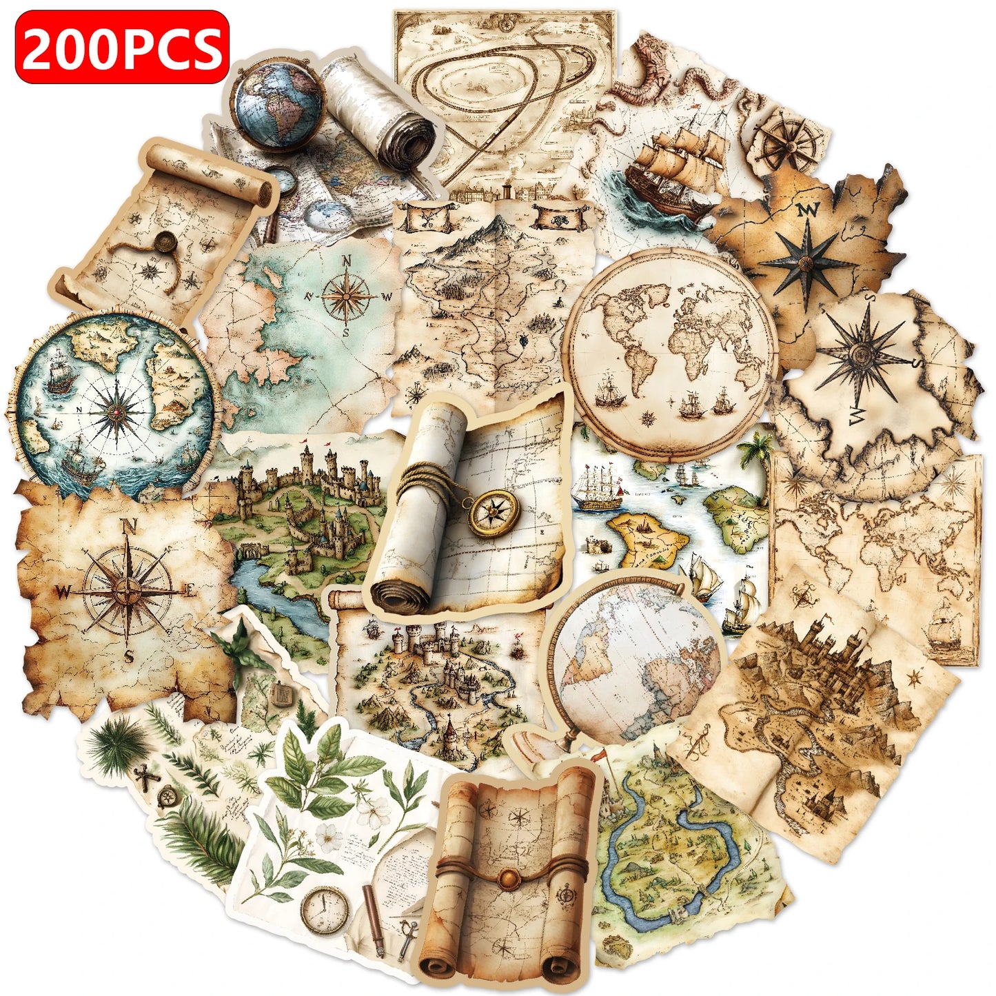 50PCS Vintage World Map Travel Stickers Graffiti Decoration For Junk Journal Scrapbooking Water Bottle Phone Guitar Stickers
