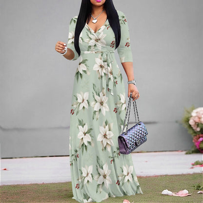 Vintage Floral V-Neck Maxi Dress - Casual Belted Summer Style