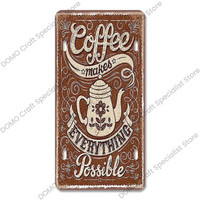 Coffee Licenses Plate Vintage Metal Tin Signs Retro Coffee Time Metal Plaques for Cafe Kitchen Living Room Home Wall Art Decor