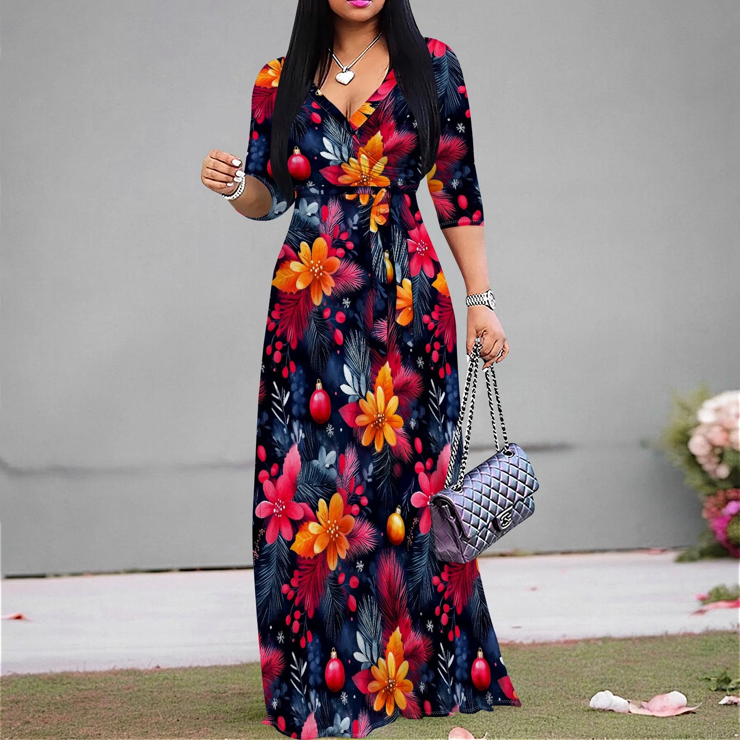 Vintage Floral V-Neck Maxi Dress - Casual Belted Summer Style