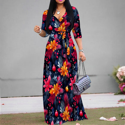 Vintage Floral V-Neck Maxi Dress - Casual Belted Summer Style