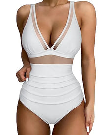 Tamara - High Cut One Piece Swimsuit V Neck Mesh Tummy Control/High Waisted - assorted colours