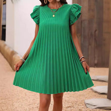 2025 Summer Women Loose Pleated Beach  Solid Dress Ruffle Sleeve Sweetheart Pleated Dress Mini Dress Elegant Green Dresses