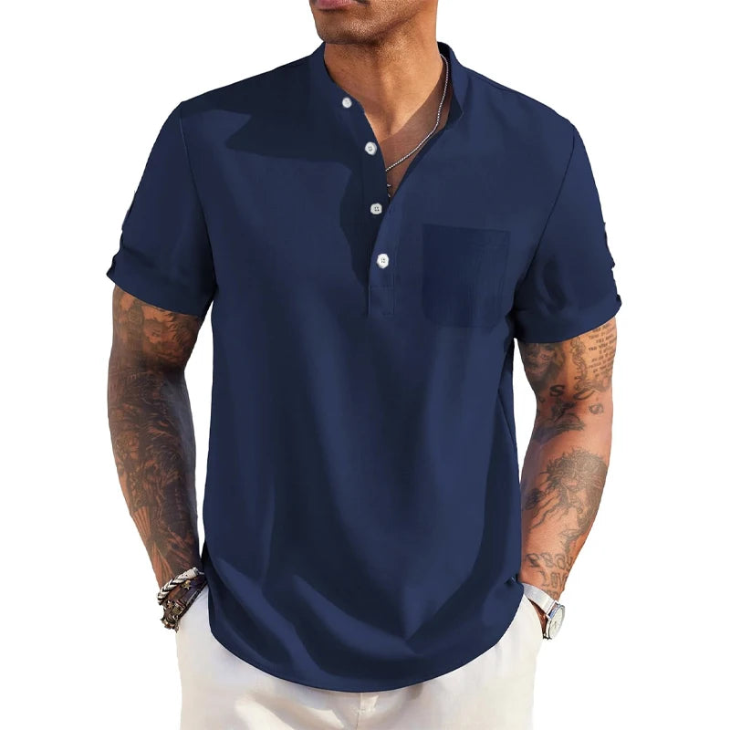 QDBAR Daily Leisure Mens Ribbed Shirt 2024 Summer Fashion Solid Color Striped Textured Shirts Beach Casual Short Sleeve Men Cardigans