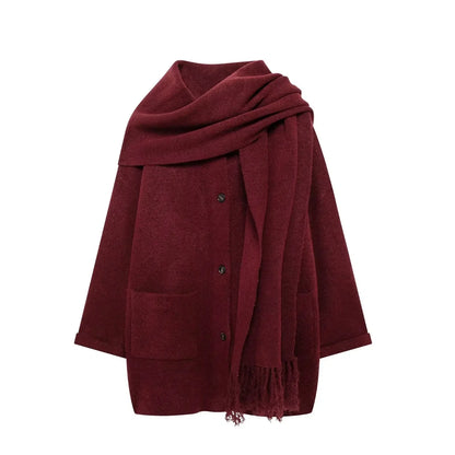 Elegant Women's Knitted Cardigan with Scarf for Office Wear