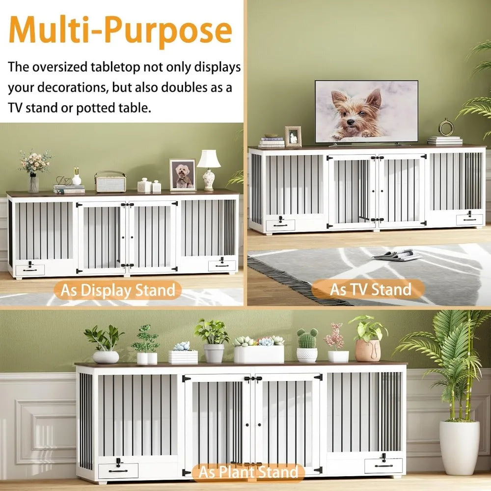 Dog Crate for 2 Dogs, 86.6" Heavy Duty Wooden Dogs Kennel with Bowl Drawers & Divider, Indoor Furniture Style Dog Kennel